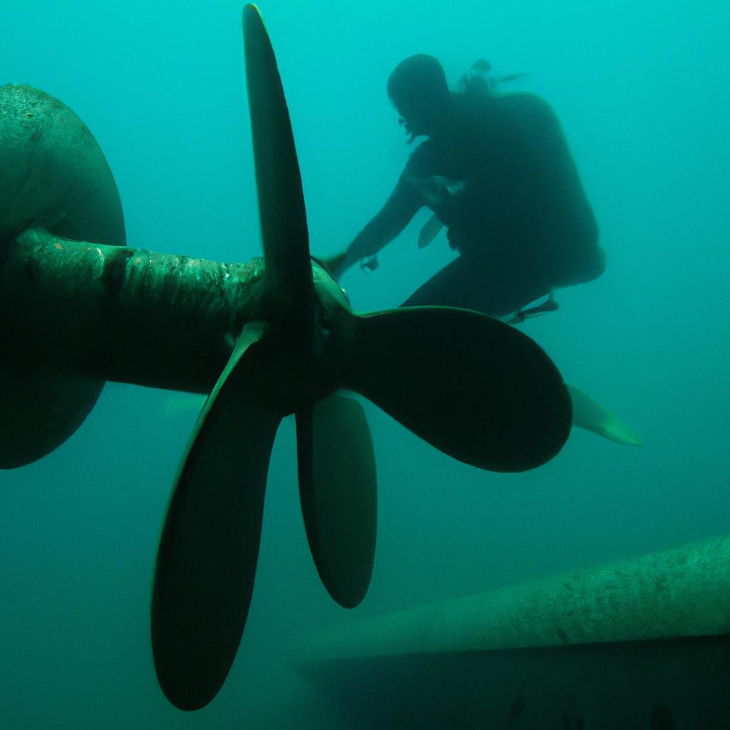 Person inspecting submarine propellers underwater