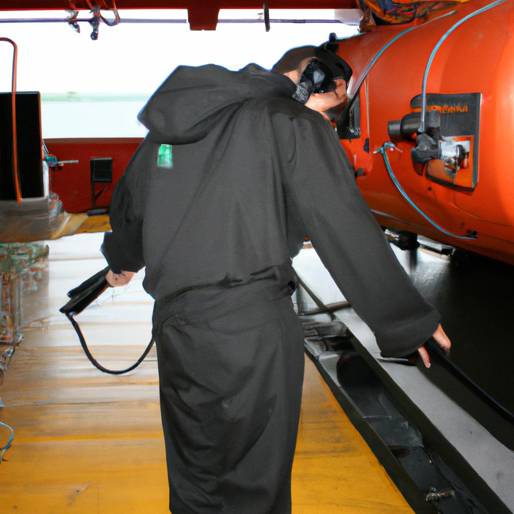Person inspecting submarine safety equipment