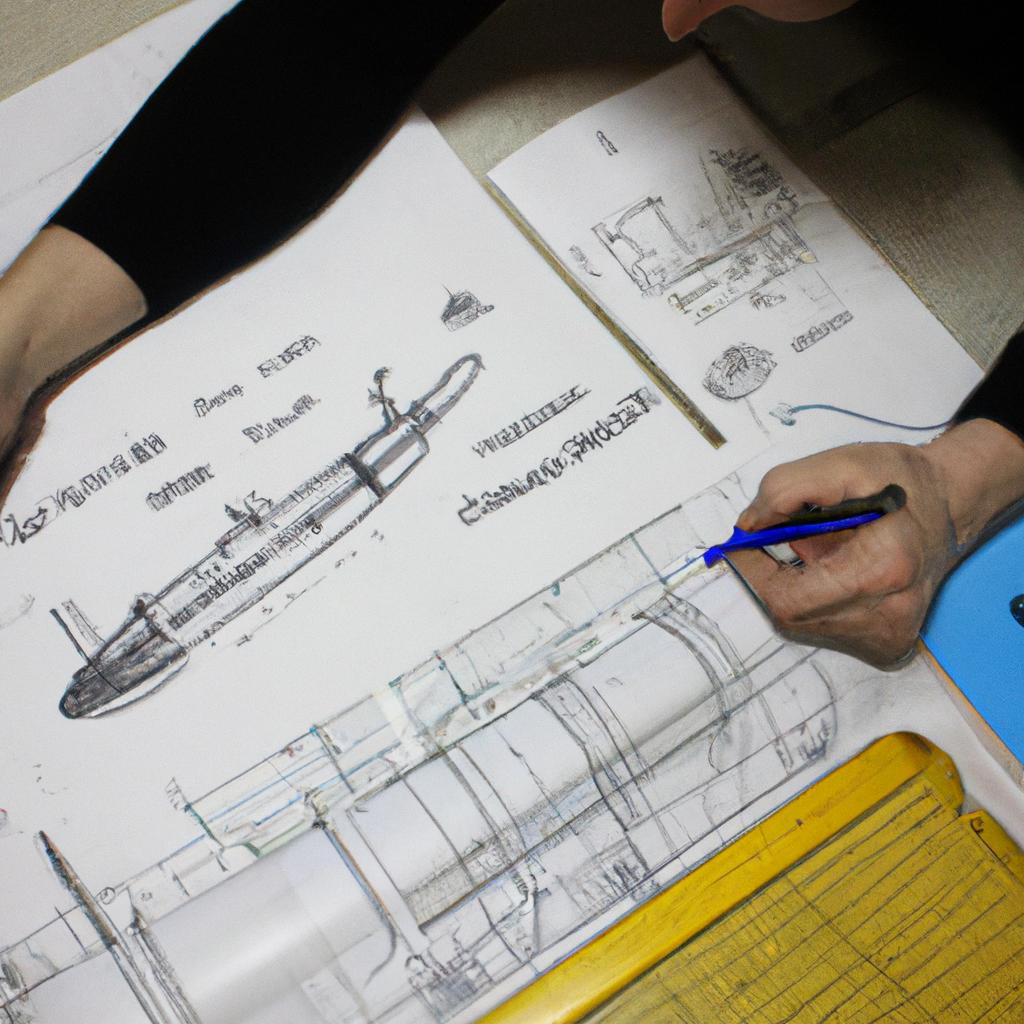 Person examining submarine blueprints